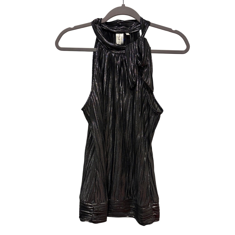 Heart Soul Womens Black Silver Metallic Pleated Halter Neck Bow Top 21276KVL01 L